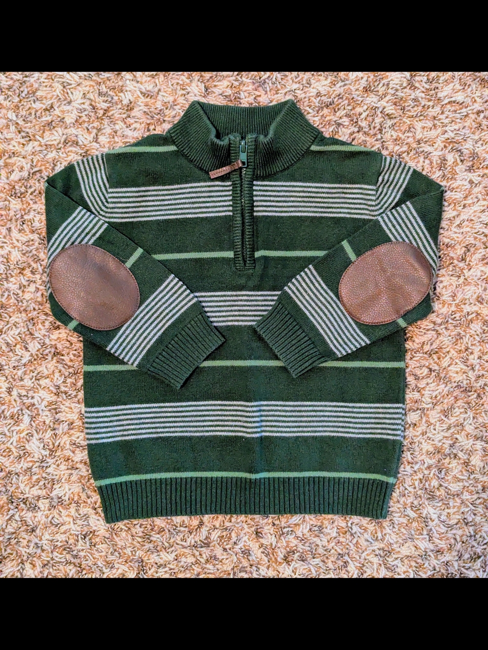3T Cherokee Green Striped Half-Zip Sweater with Brown Elbow Patches